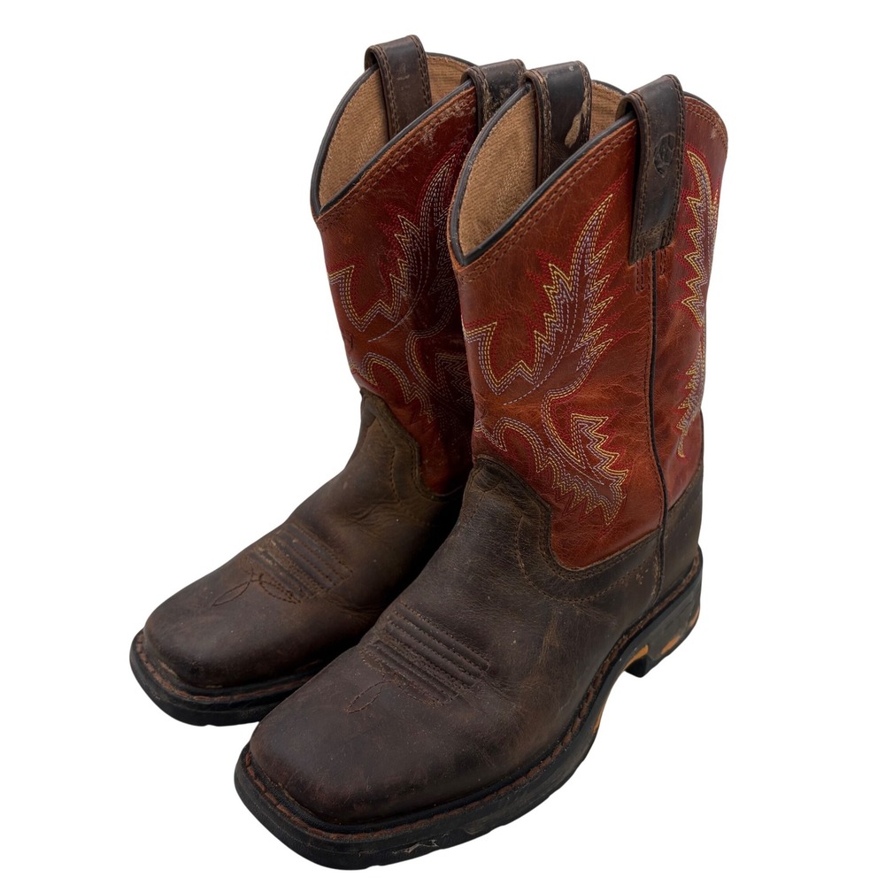 Ariat Cowboy Boots Kids 12.5 Brown Orange Leather Square Toe Western Rodeo Work
